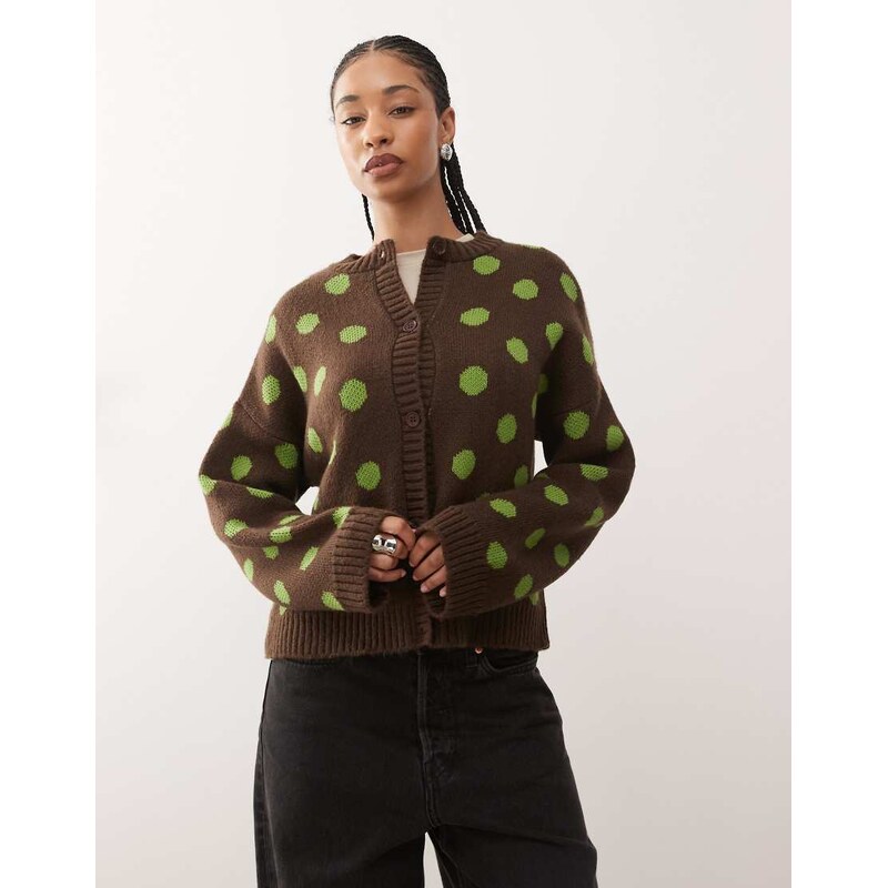 Reclaimed Vintage boxy cardigan in brown and green polka dot