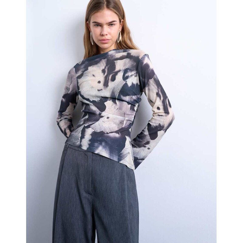 Topshop asymmetric drape abstract print long sleeve top in multi 109440963