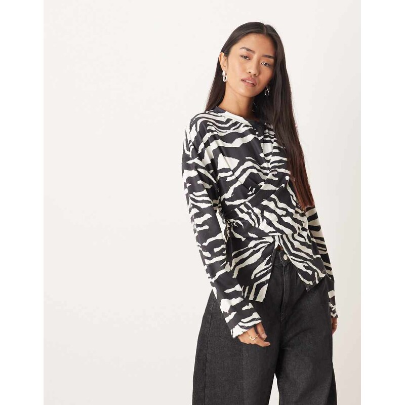 ASOS DESIGN cinch wrap waist long sleeve top in zebra print