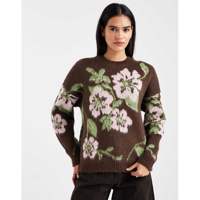 Miss Selfridge floral knitted jumper in choc-Multi 109440985