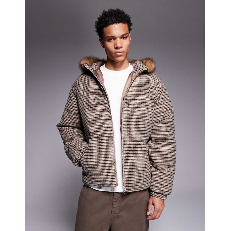 ASOS DESIGN puffer jacket heritage check with faux fur-Brown
