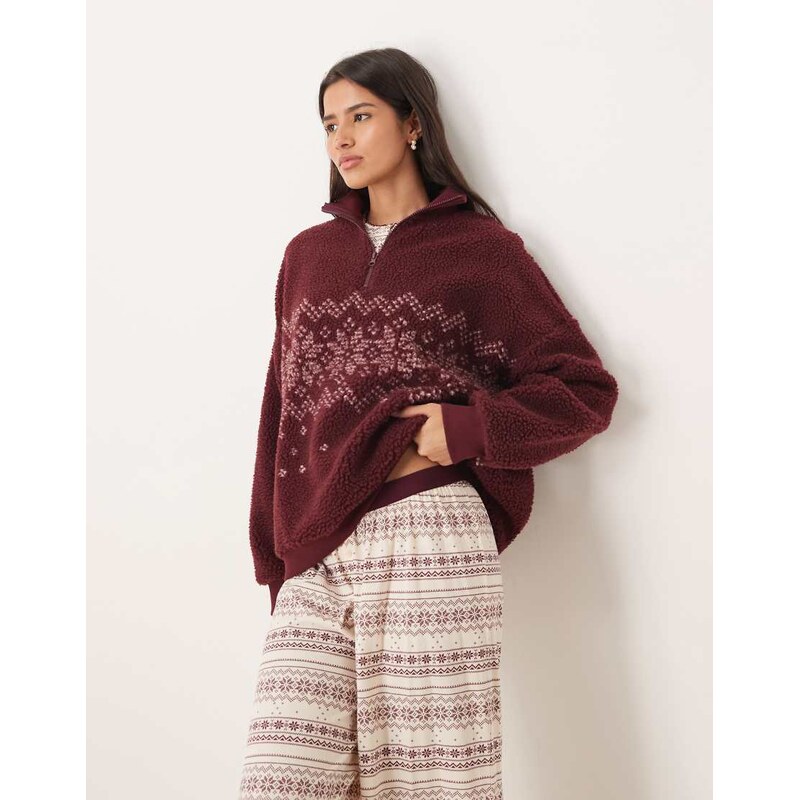ASOS DESIGN lounge borg funnel neck jumper in burgundy fairisle