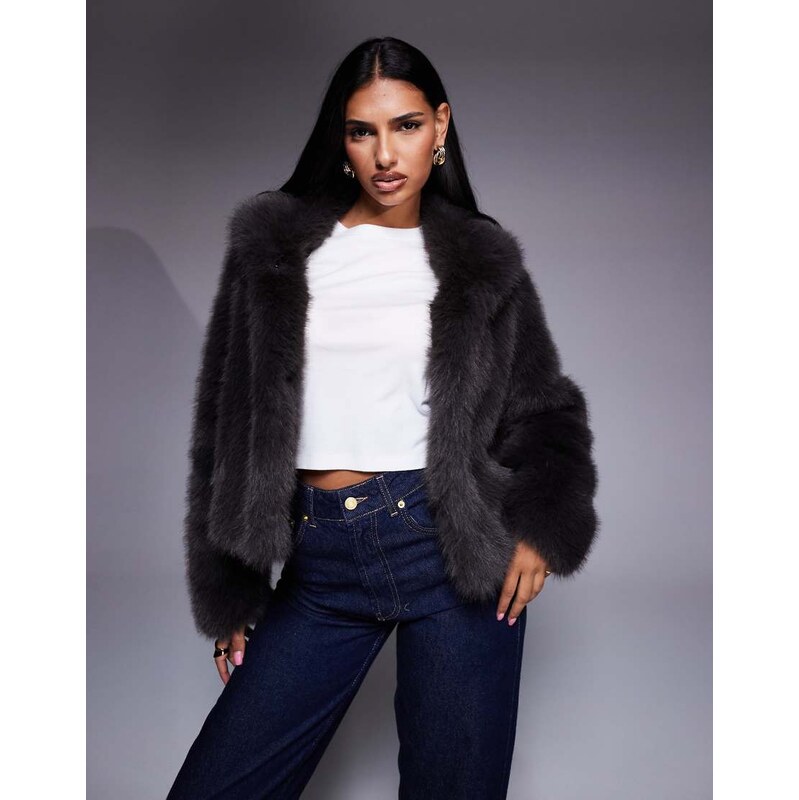 Aria Cove faux fur collared cropped coat in charcoal-Grey 110942497