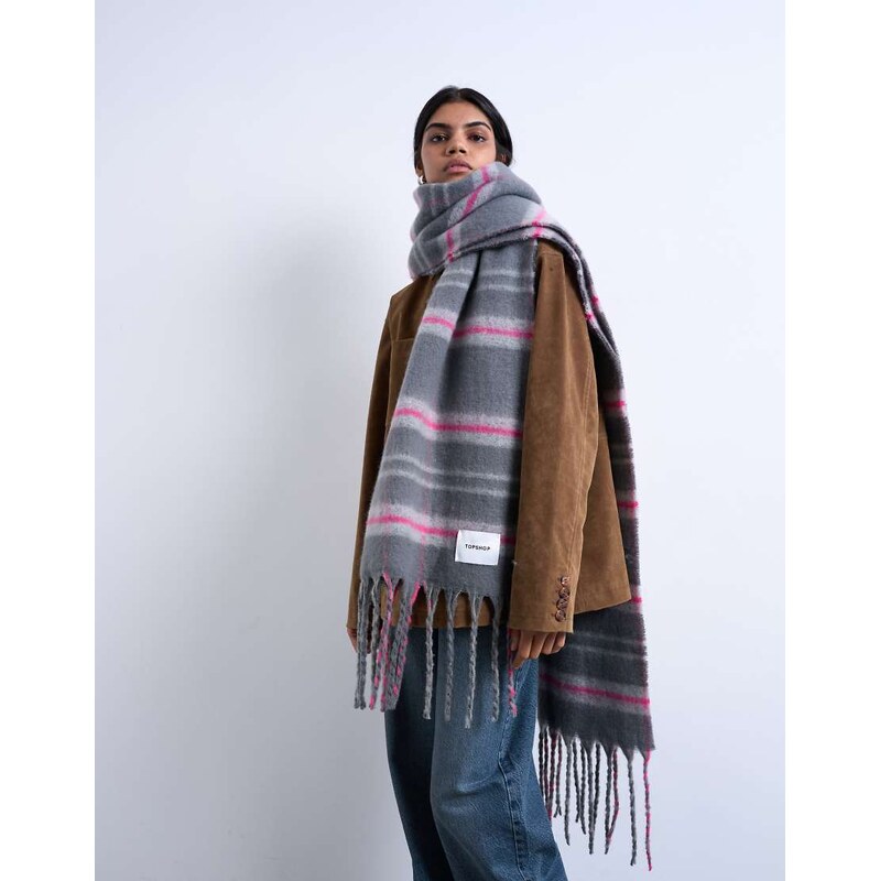 Topshop Sydney blanket scarf in grey & pink check
