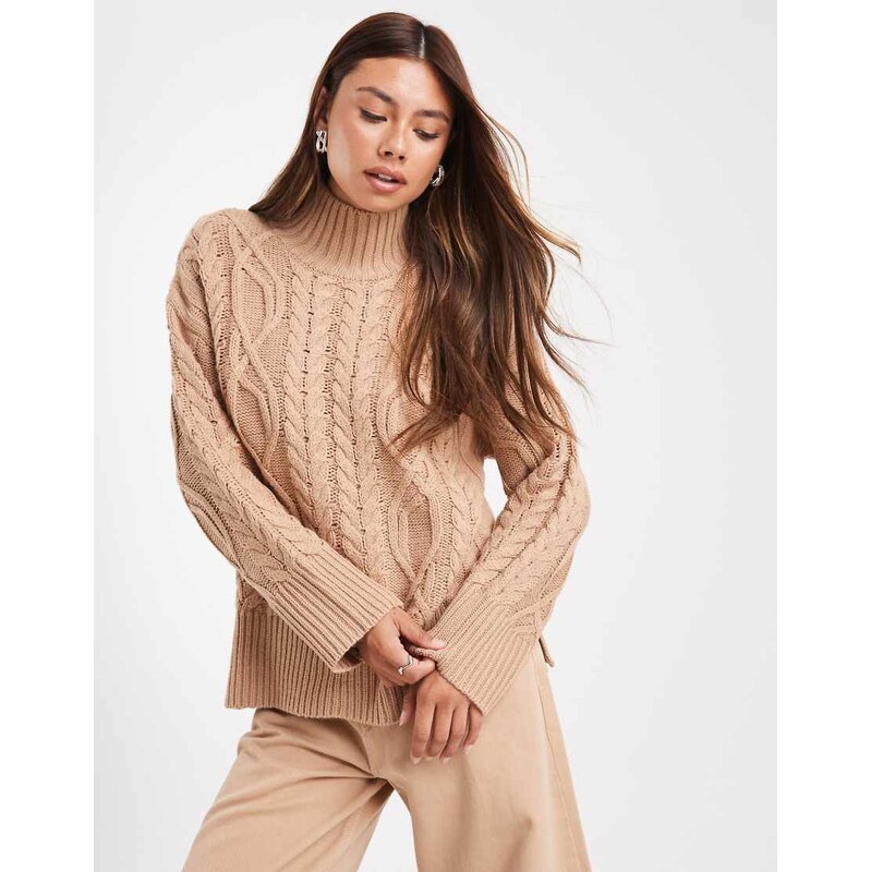 Brave Soul chunky cable knit high neck jumper in camel-Neutral