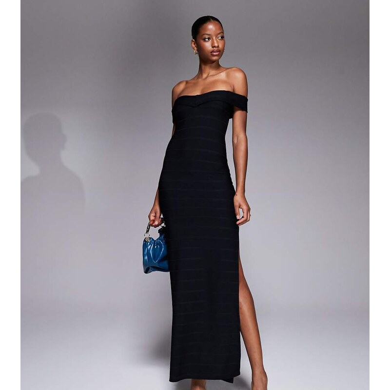 Kaiia exclusive bardot bandage side split maxi dress in black 109446063