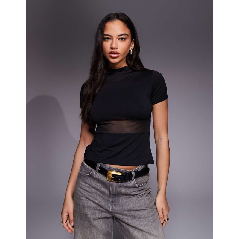 ASOS DESIGN soft jersey top with mesh waist detail in black