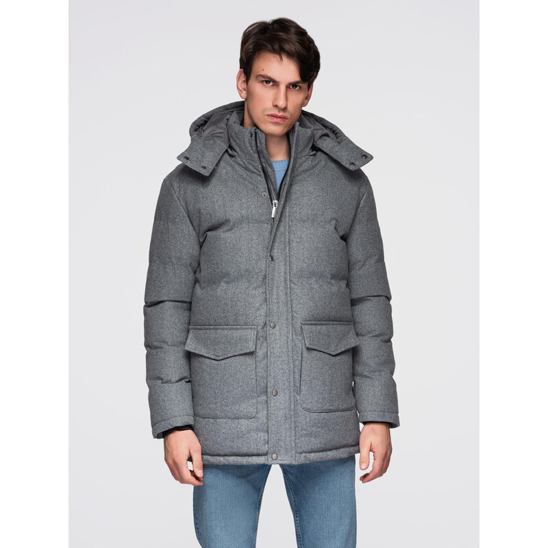 Ombre Warm long mens parka jacket with wool - grey melange