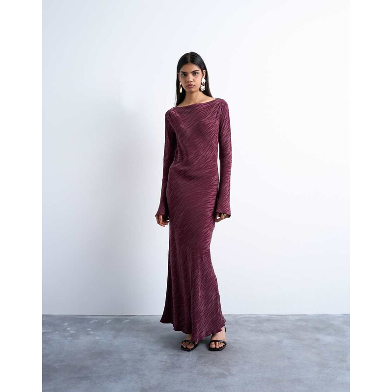 Topshop slash neck midi dress in burgundy premium cupro jacquard