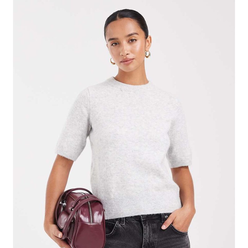 New Look Petite puff sleeve knitted t-shirt in light grey 109452444