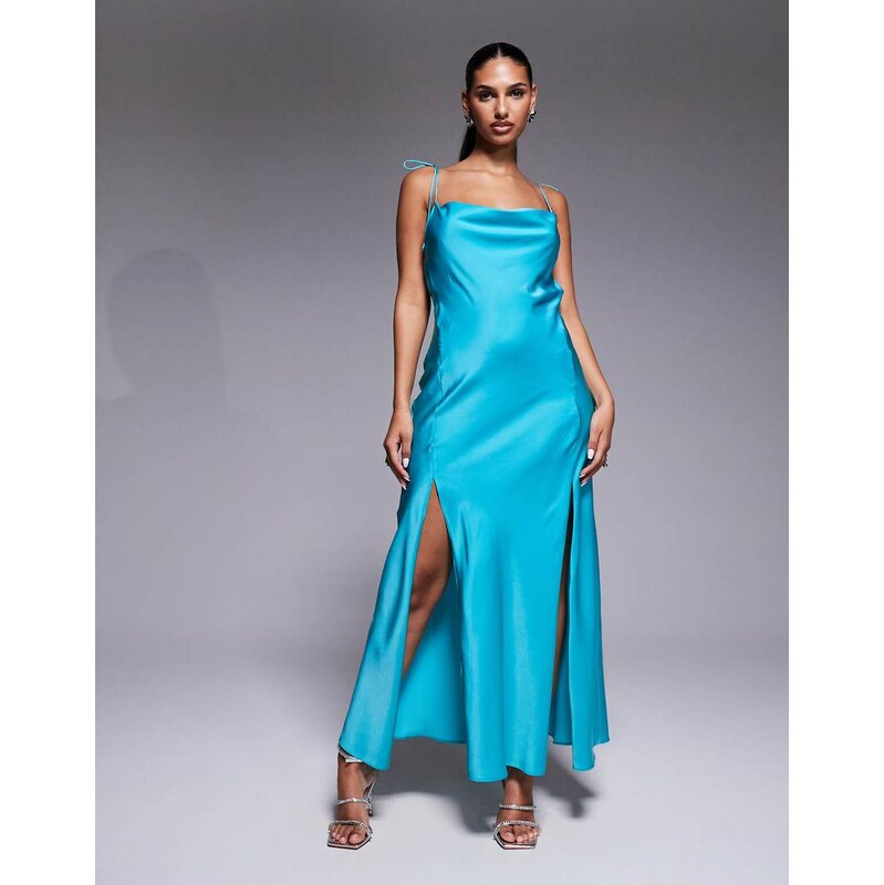 ASOS DESIGN satin tie strap maxi dress with split detail in teal-Green