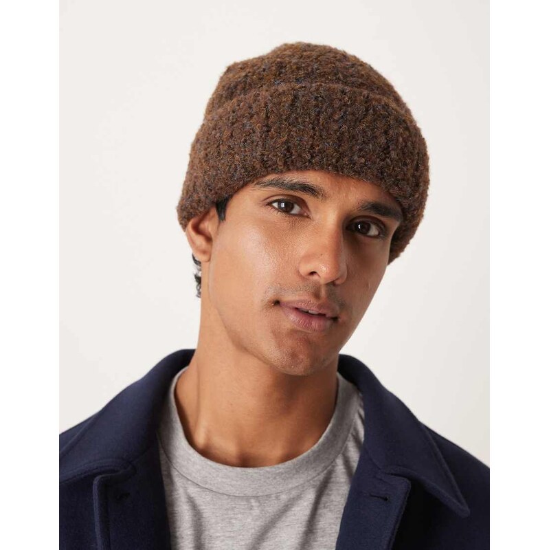 ASOS DESIGN knitted rib boucle beanie in brown-Orange