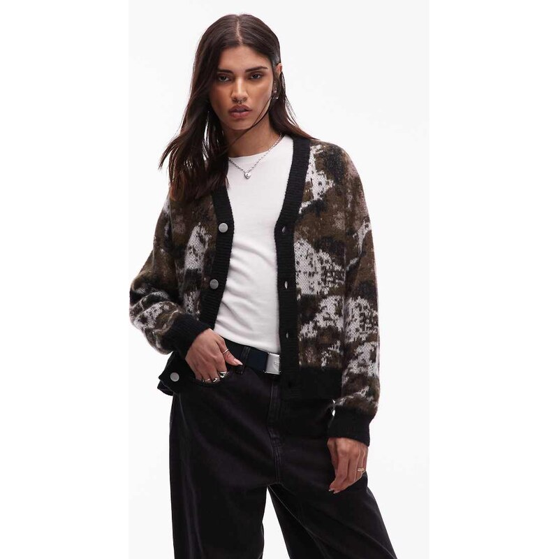 Carhartt WIP merlin knitted cardigan with all over dog camo