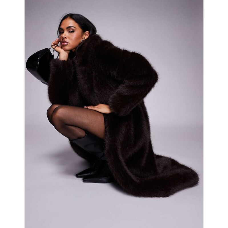 Forever New long faux fur coat in chocolate-Brown 109452531