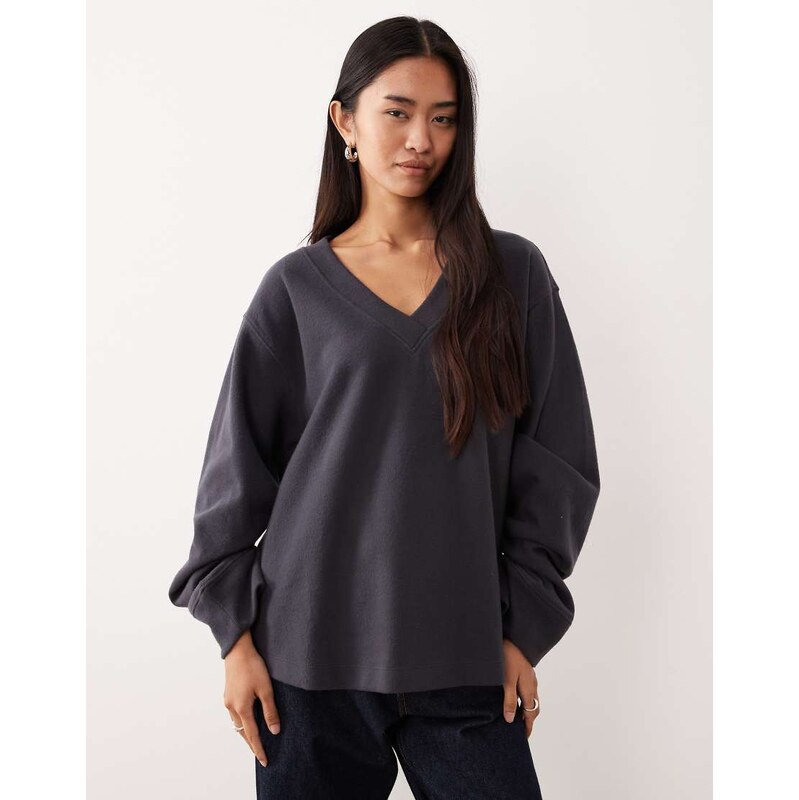 ASOS DESIGN Supersoft ruched sleeve v neck jumper in grey - GREY