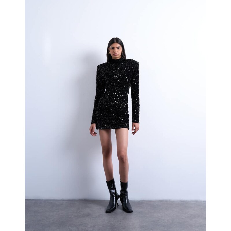 Topshop long sleeve velvet sequin mini dress with shoulder pads