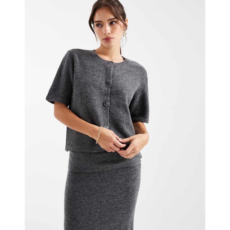 Pieces short sleeve knitted cardigan co-ord in medium grey