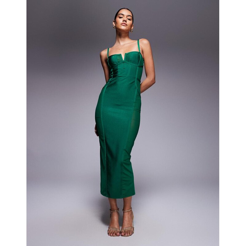 ASOS DESIGN sheer panelled bandage midi dress in green 100120031
