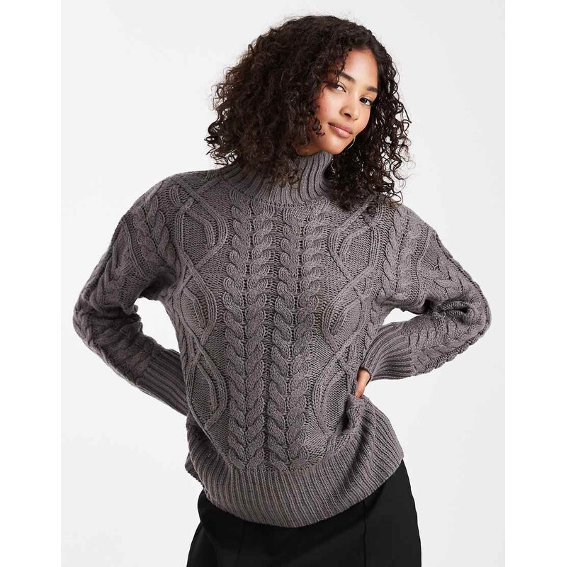 Brave Soul chunky cable knit high neck jumper in grey
