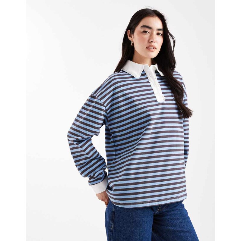 Daisy Street oversized rugby polo in blue chocolate stripe-Multi