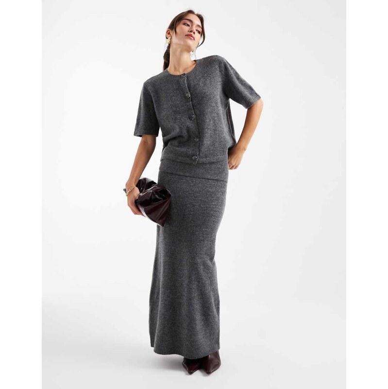 Pieces foldover waist knitted midi skirt co-ord in medium grey melange 109452597