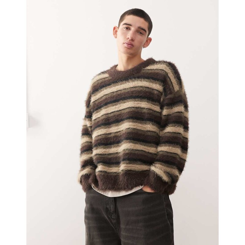 Weekday oversized hairy knit jumper in brown stripe