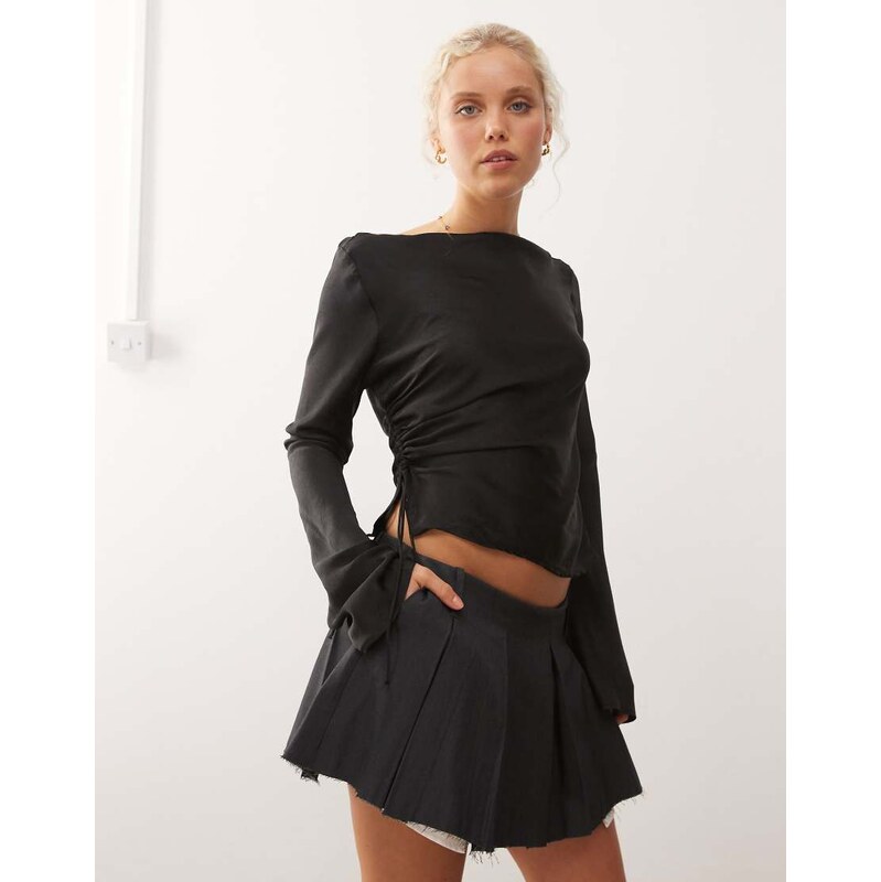 Monki crinkle satin long sleeve boat neck top in black