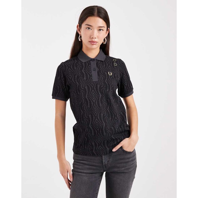 Fred Perry printed polo shirt in dark grey 112157098