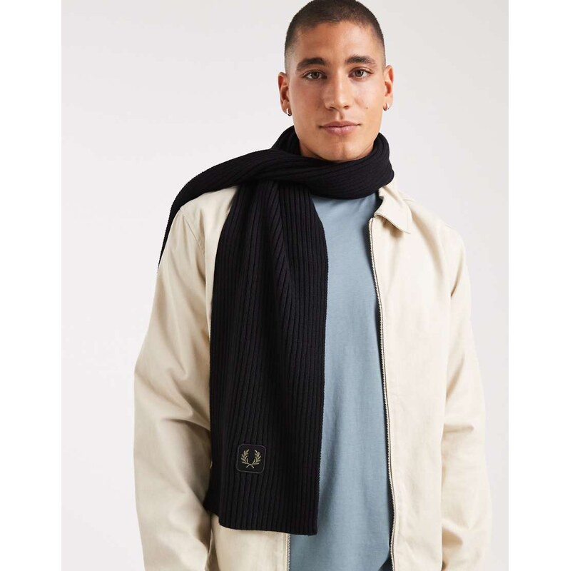 Fred Perry cotton ribbed scarf in black
