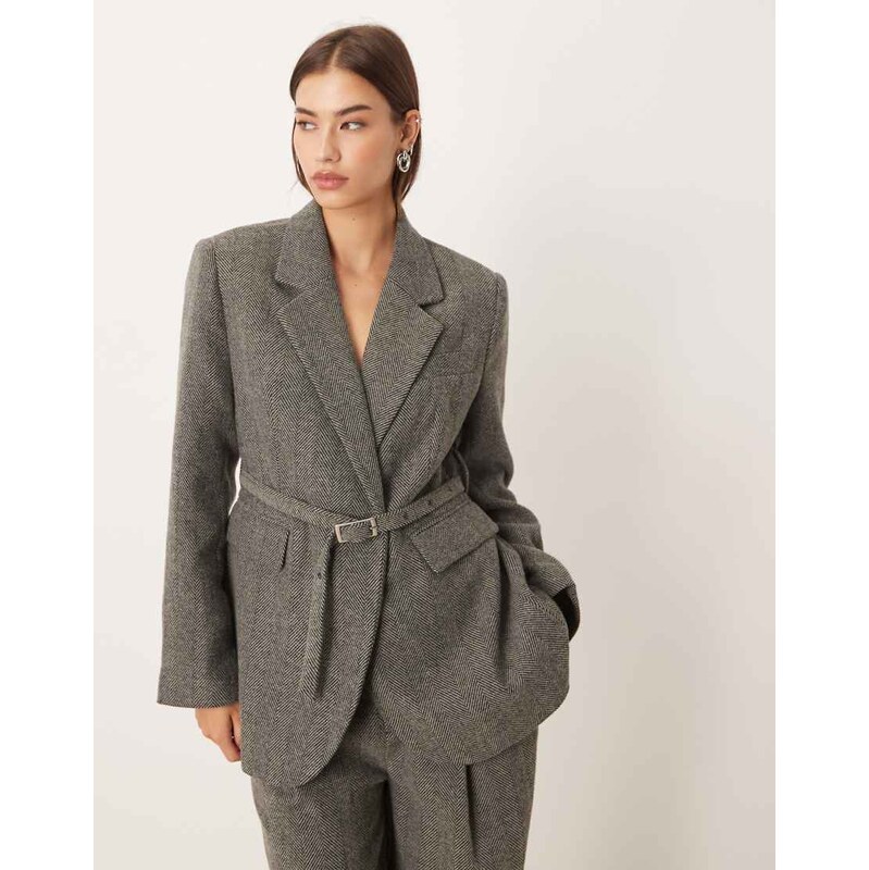 Gina Tricot co-ord herringbone belted blazer in grey