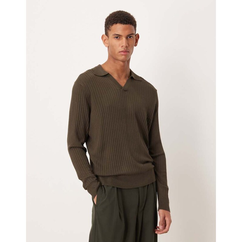 Mango long sleeve revere collar polo shirt in khaki-Green