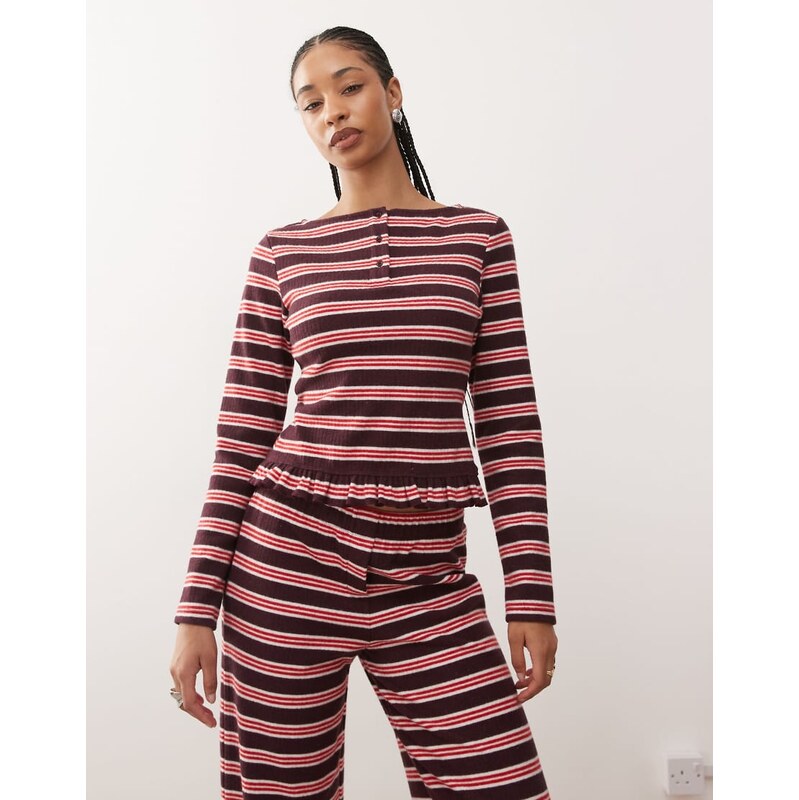 Reclaimed Vintage henley long sleeve top with frill hem co-ord