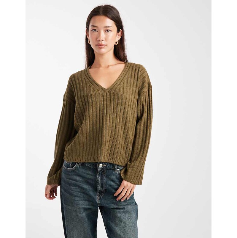 Brave Soul ribbed v-neck jumper in khaki-Green