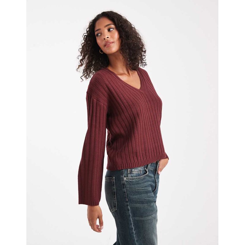 Brave Soul Brown Soul deep v-neck ribbed jumper in wine-Red 115514912
