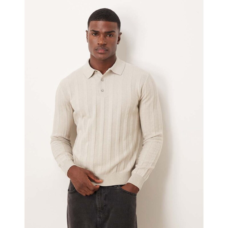 Mango long sleeve cable knit polo shirt in light beige-Neutral