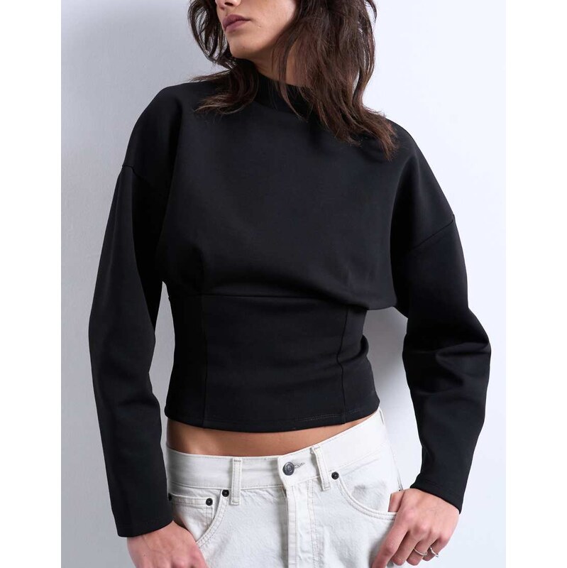 Topshop interlock corset waist long sleeve top in black