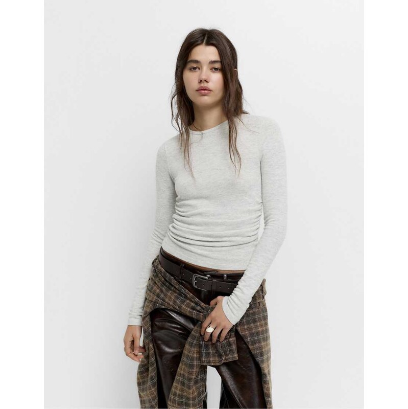 Pull&Bear Soft touch t-shirt with gathered detail in pale marl-Grey 109452736