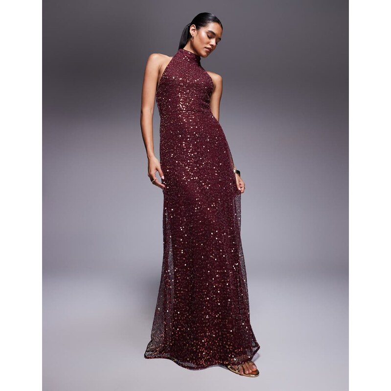 ASOS DESIGN embellished halterneck maxi dress in burgundy-Navy