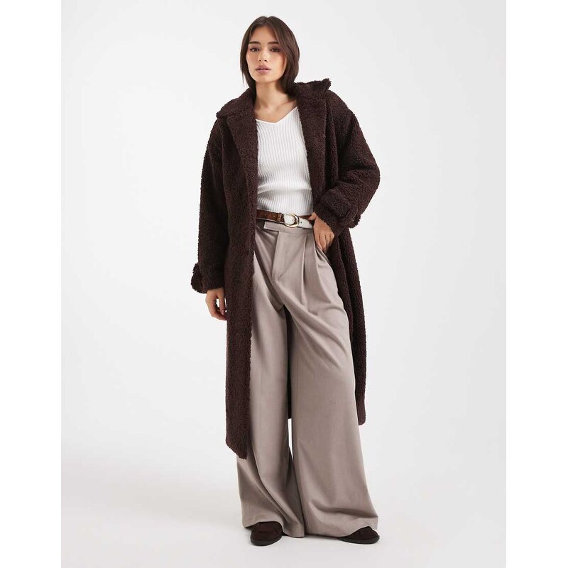 Wednesdays Girl belted fluffy borg midaxi coat in brown 109464551
