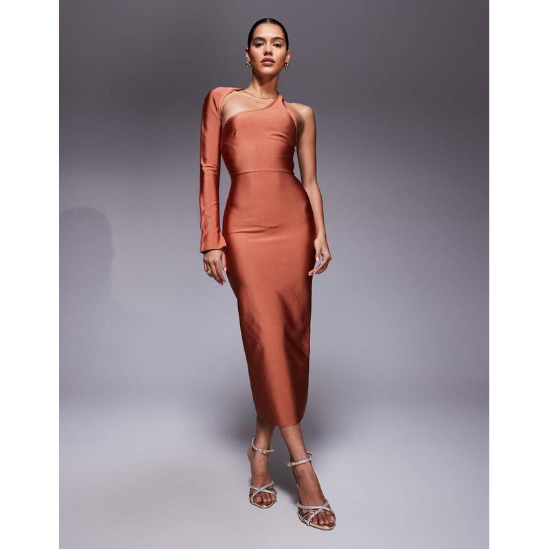 ASOS DESIGN bandage wrap around neckline one sleeve midi dress in rust 102095812