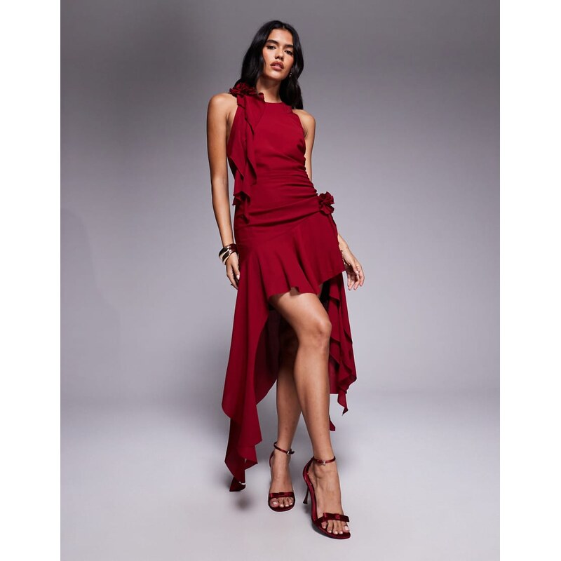 Bardot corsage ruffle mini dress in wine-Red