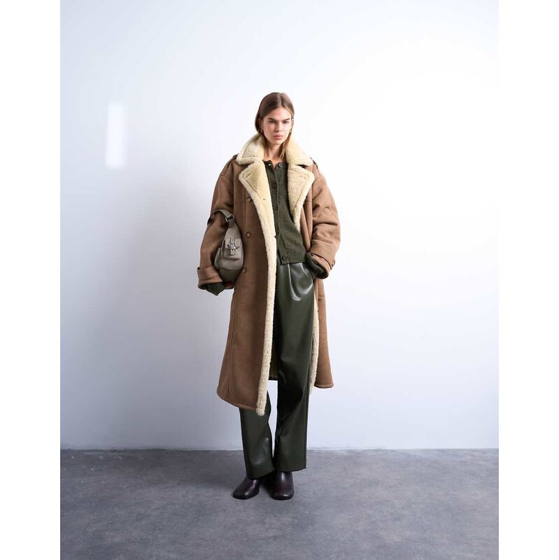 Topshop formal longline shearling coat in brown and cream-Black