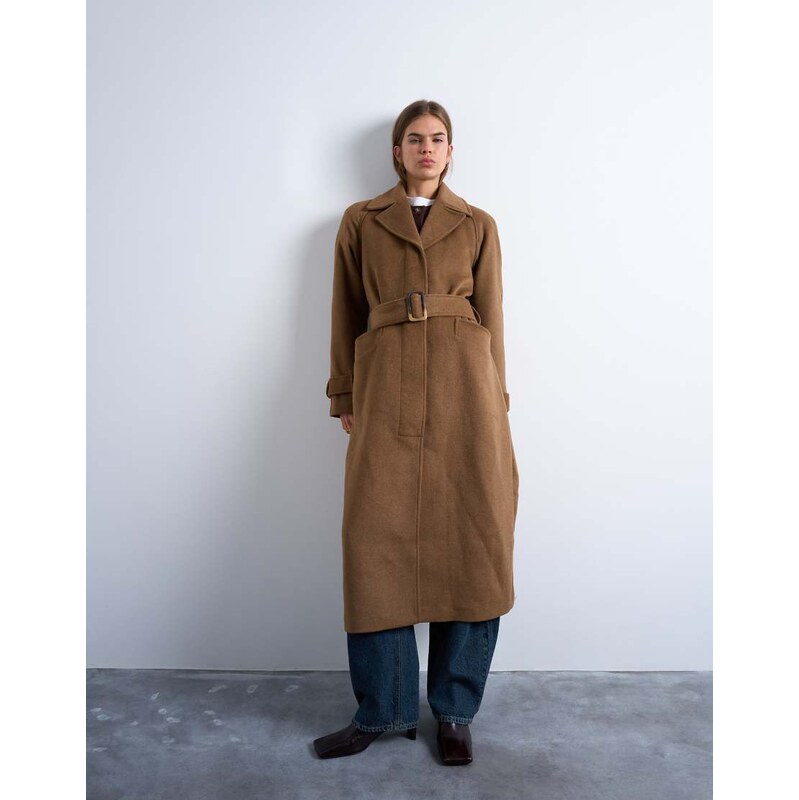 Topshop belted formal longline coat with wool in camel-Neutral