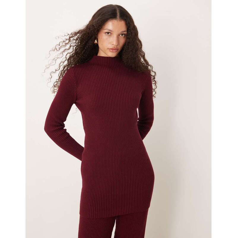 SNDYS longline ribbed knit high neck jumper co-ord in burgundy-Red 109457599
