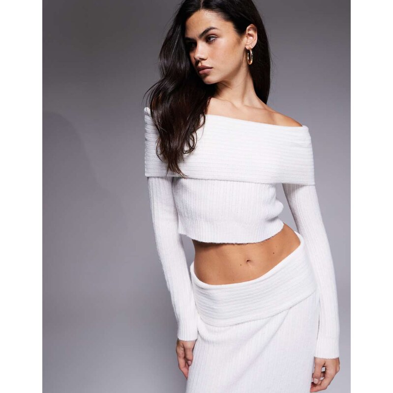 Aria Cove knitted bardot fold over jumper co-ord in cream-White