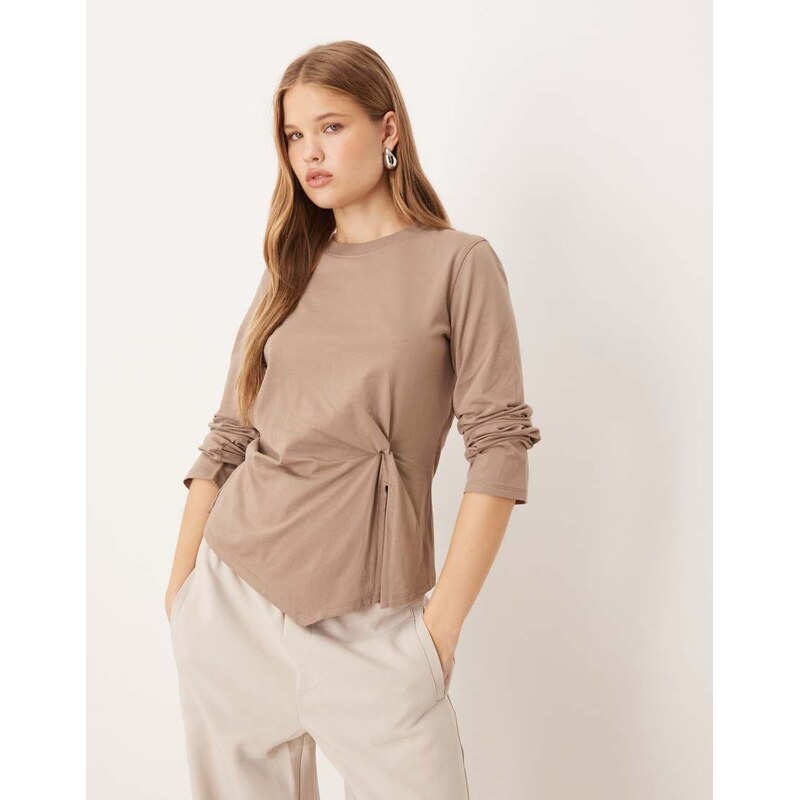 ASOS DESIGN knot detail long sleeve top in mocha-Brown