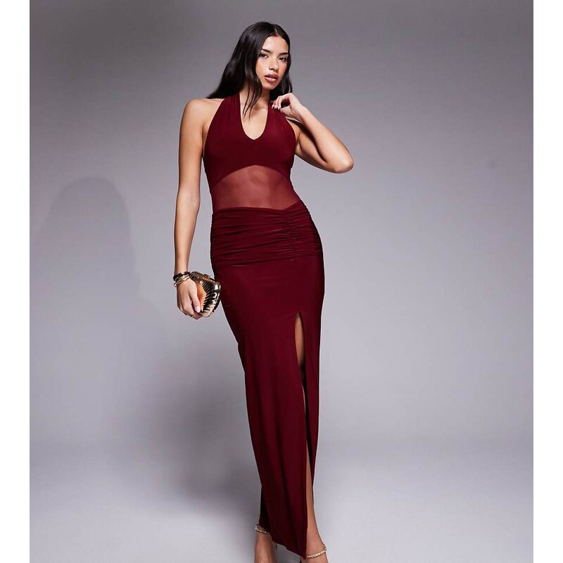 Kaiia exclusive double layered slinky halterneck sheer mesh panel maxi 109541822