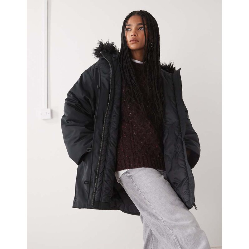 Weekday oversized parka coat with detachable faux fur detail in