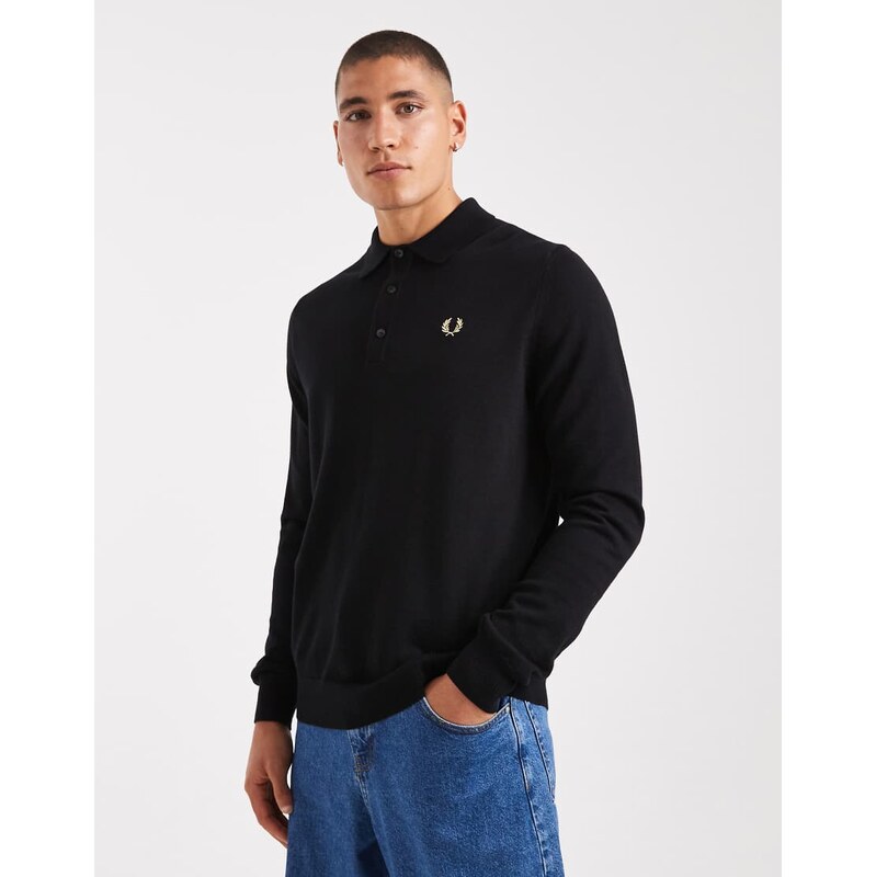 Fred Perry knitted polo jumper in black