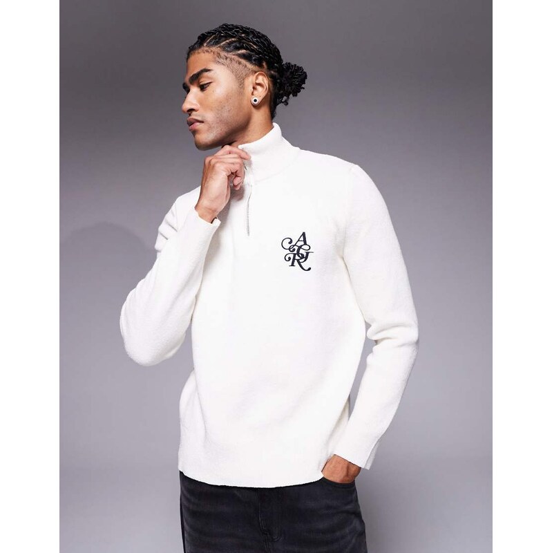 River Island textured half zip jumper in ecru-Neutral